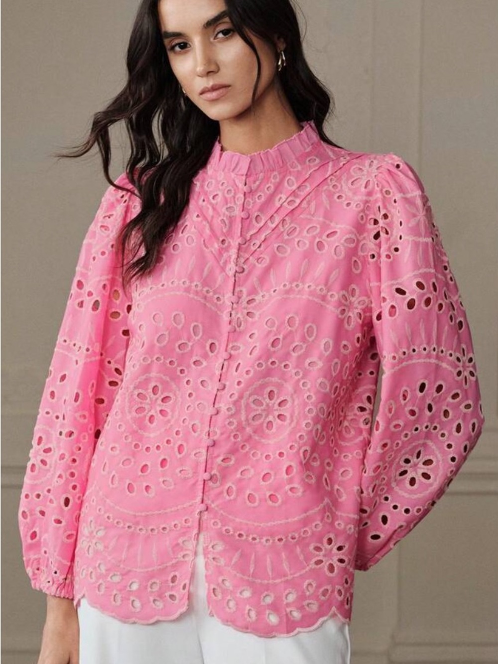 Avalon French Pink Eyelet Blouse White Embroidered Flowers, Puff Sleeves, L, New - Picture 5 of 7